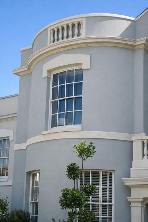 Curved rendered facade with balustrade, after restoration